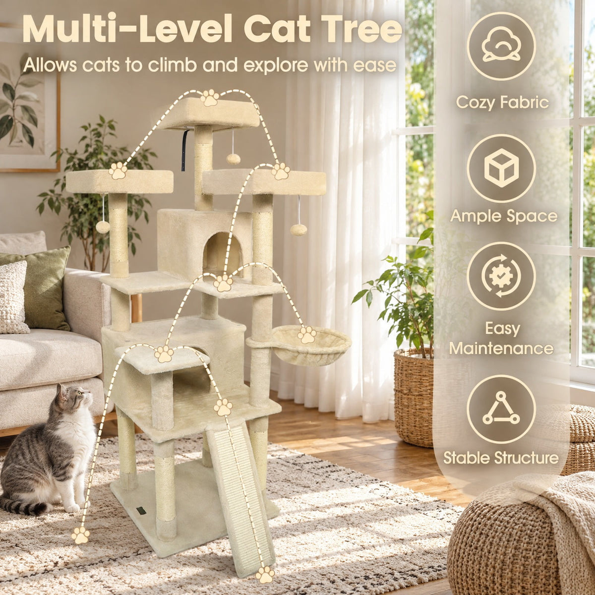 Airfind 65 Inch Tall Multi-level Cat Tree with 3 Upholstered Perch and 2 Cat Condos, Fabric Sisal Engineered Wood Overall Height 65 Inch Base Frame