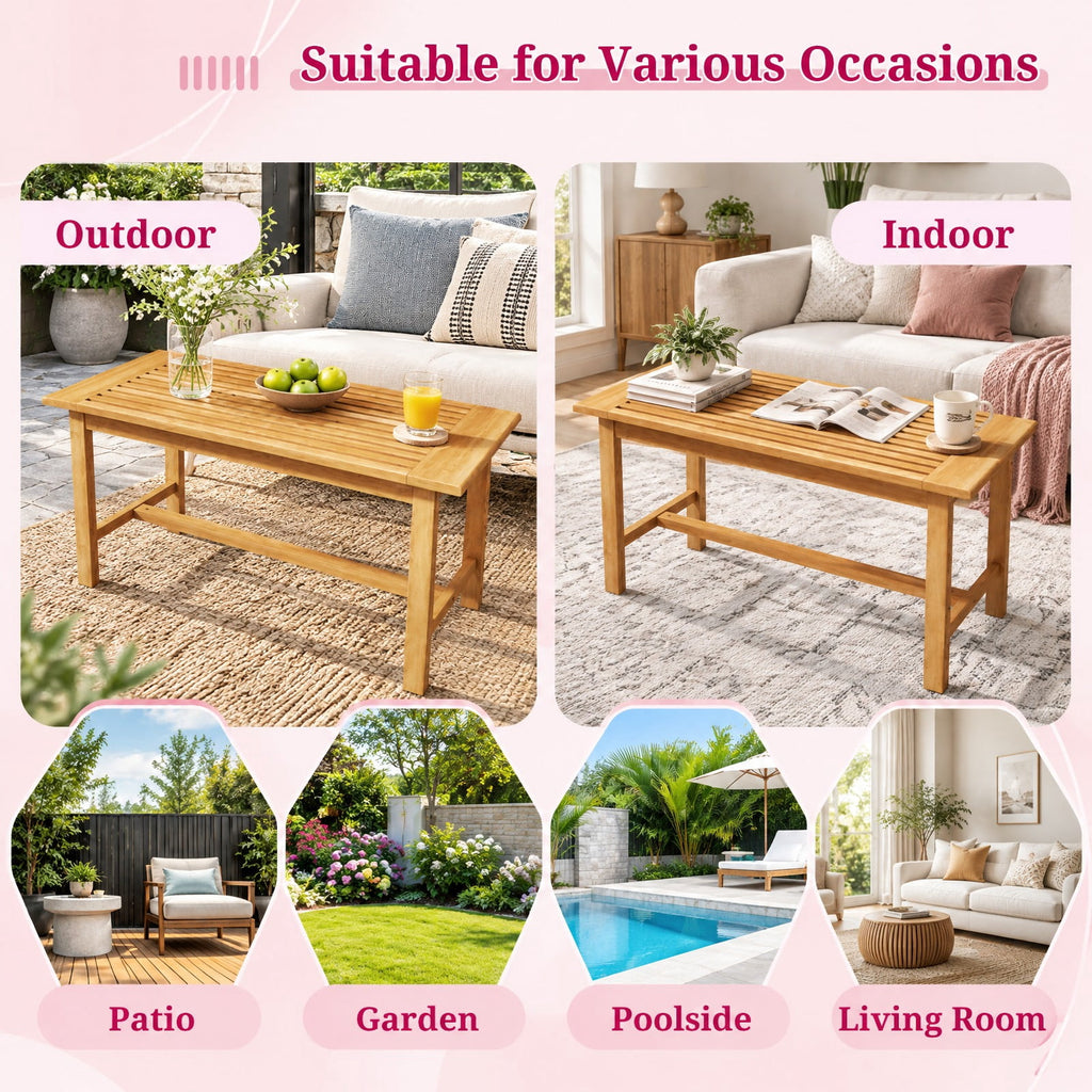 Airfind Patio Coffee Table 36 Inch Rectangular Outside Side Table with Slatted Tabletop, 145 lbs Capacity, Teak Wood Frame, Coffee