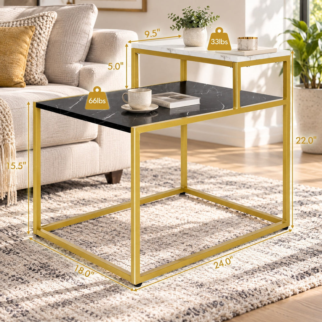 Airfind 2 Tier End Side Table with Metal and Storage Shelf for Living Room, 66 Lbs Capacity, Metal Mdf, 24 Inch X 18 Inch X 22 Inch, White