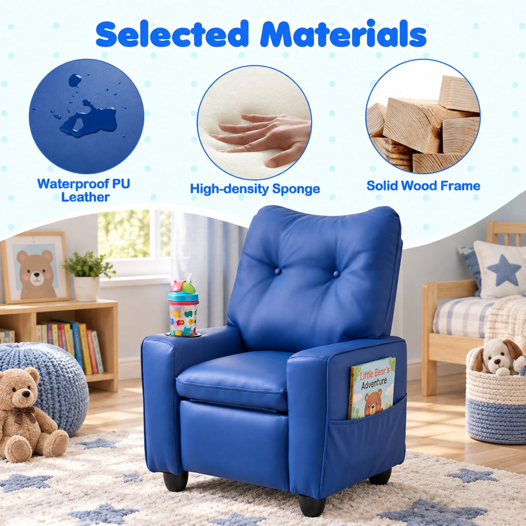 Airfind Youth Recliner featuring Cup Holder Armrests and Adjustable Backrest for Playroom, Wood Frame, 24 Inch x 21 Inch x 30 Inch Lying Footprint, Blue