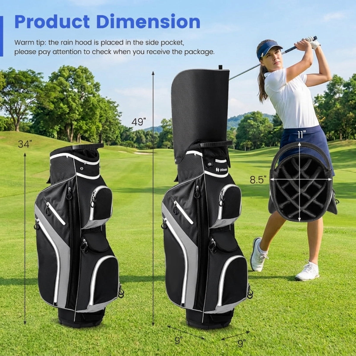Airfind 14-Way Cart Bag with Rain Hood, Towel Ring and 9 Zippered Pockets, Gray