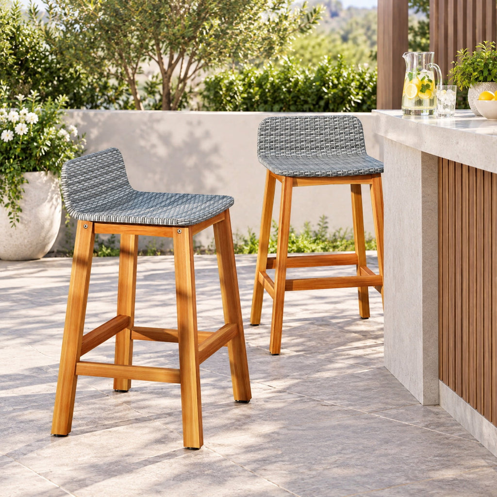 Airfind Solid Acacia Wood Bar Stools Set of 2 with Backrests and Footrests for Porch, Acacia Wood PE Rattan Frame, Gray