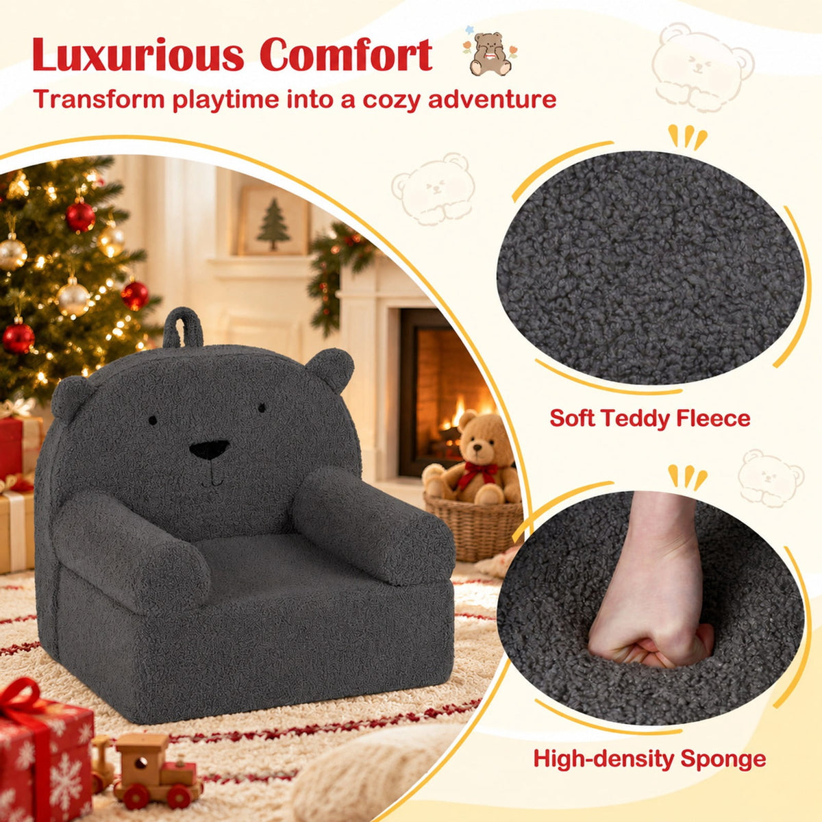 Airfind Kids Bear Sofa Toddler Foam Couch with Soft Fleece Fabric Cover, Teddy Fleece Fabric Frame, for 3+ years old, 20 x 16 x 18 Footprint