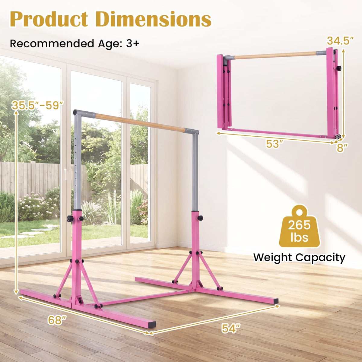 Airfind Foldable Gymnastics Bar for Kids with 3 Level Adjustable Height and Bamboo Grip Bar for Home Balance and Coordination Training, Pink