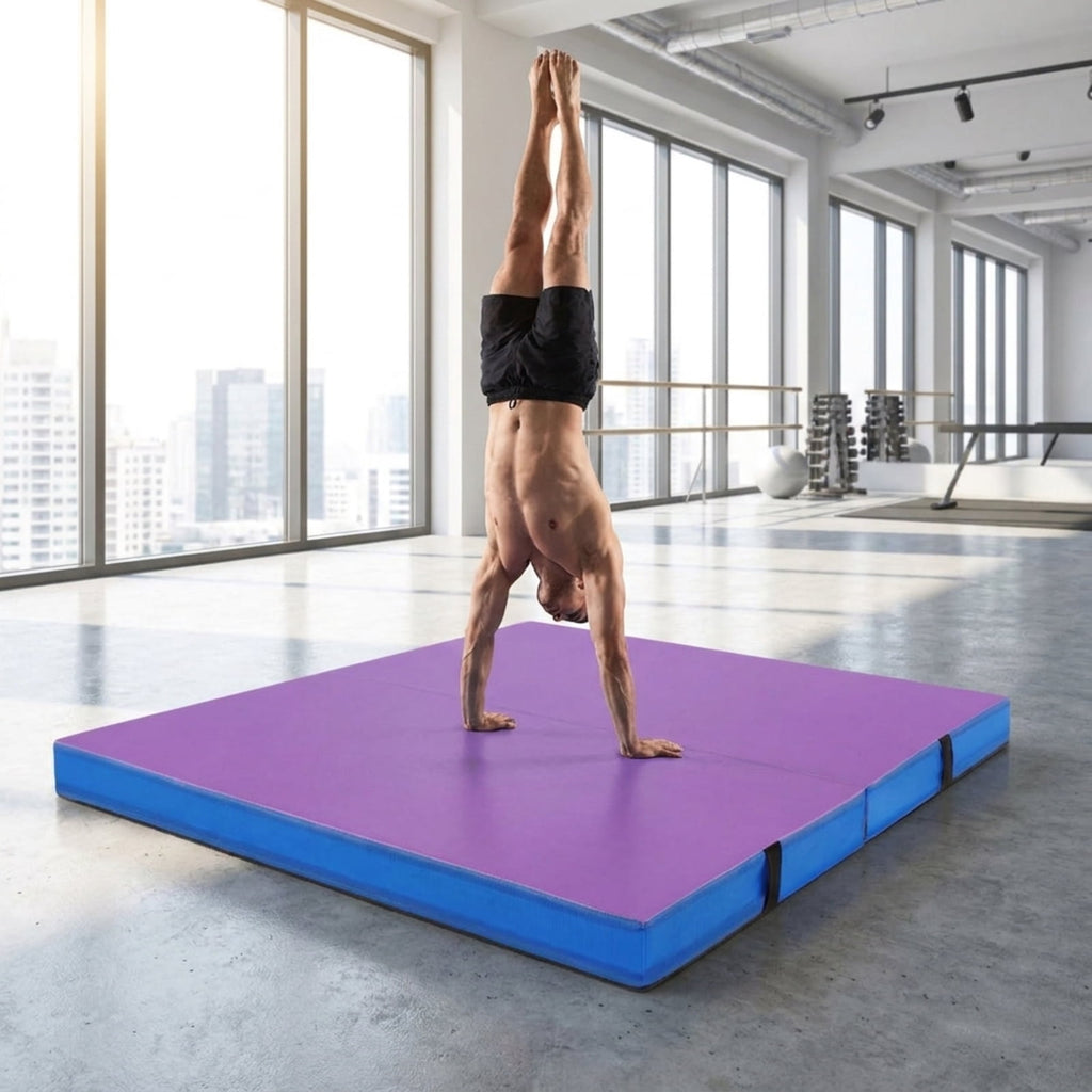Airfind 4 x 4 FT Bi-Folding Gymnastic Tumbling Mat with Carry Straps and Washable Cover, 4 Inch Thick Foam Exercise Mat, Purple
