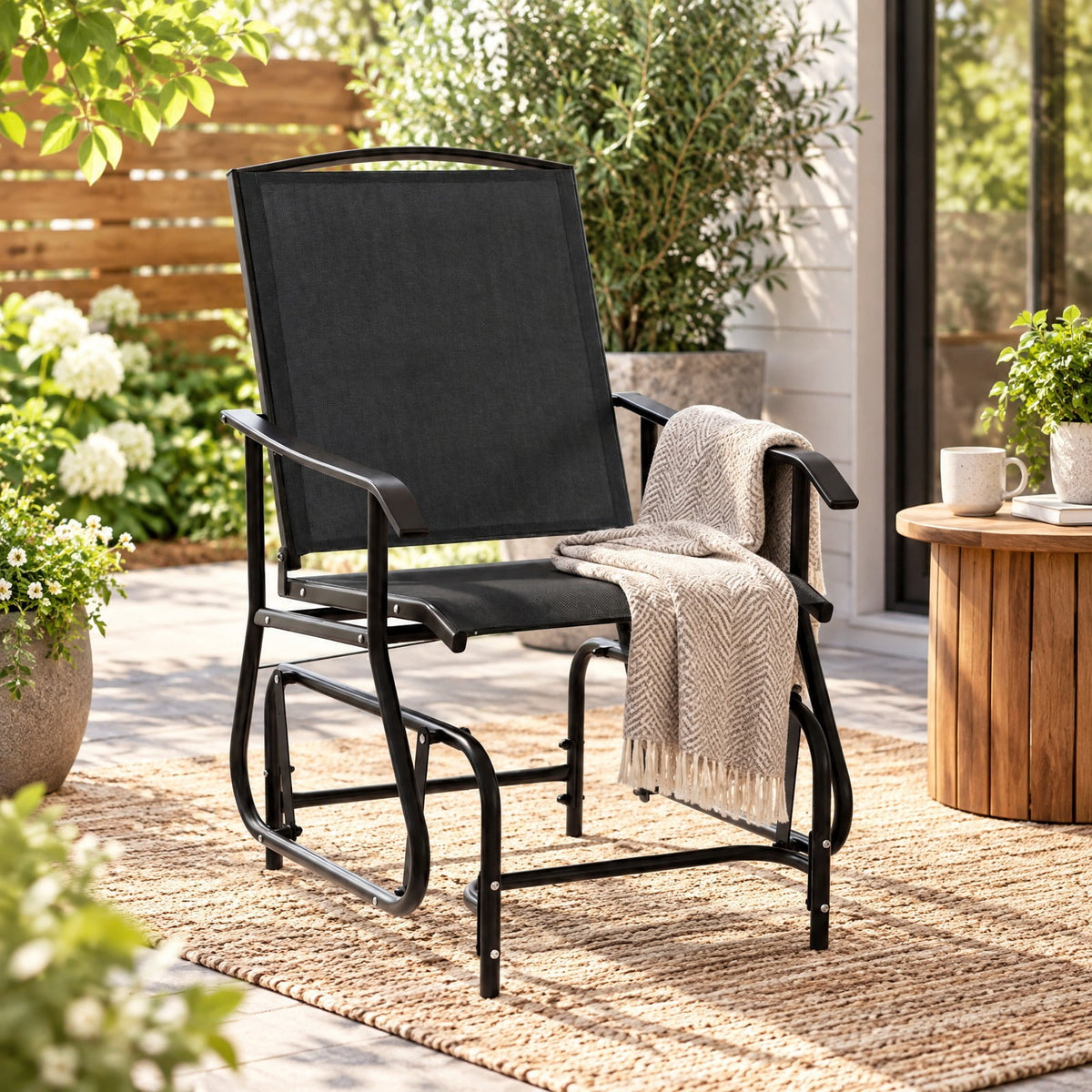 Airfind Outdoor Glider Chair with Metal Frame and Armrests, 330 lbs Capacity, Fabric Metal Frame, 24 x 29 x 37.5 Footprint, Black