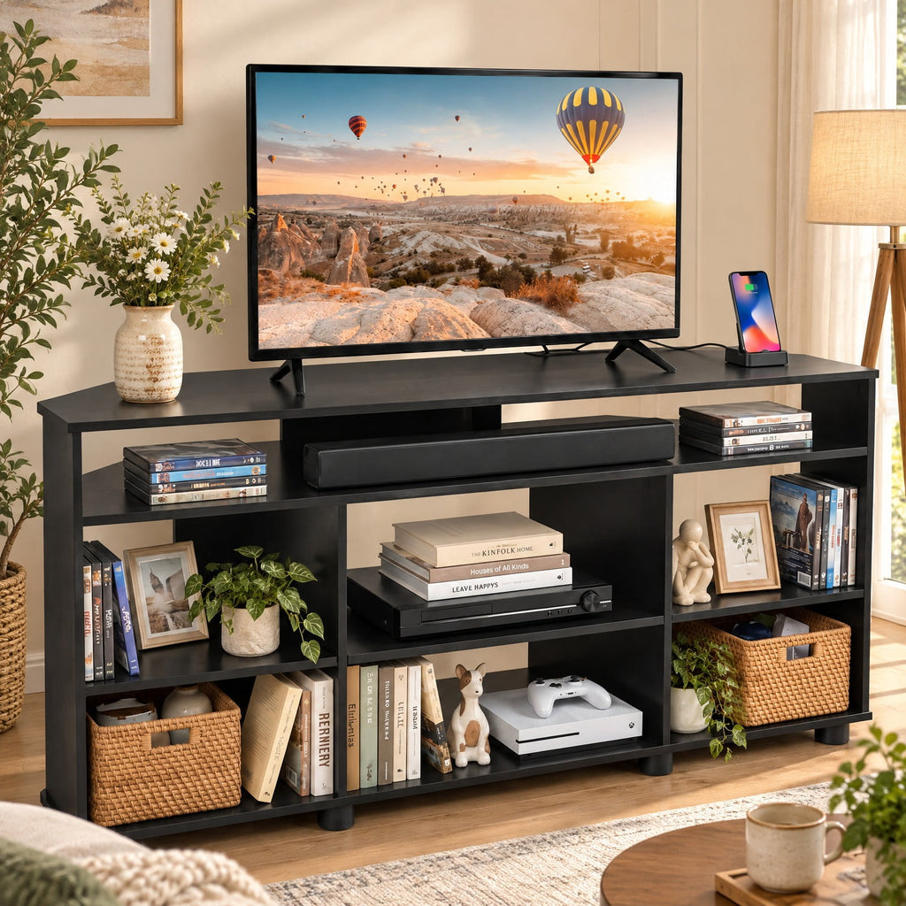 Airfind Corner Entertainment Center TV Stand for TVs up to 55 Inch, 90 lbs Capacity, Engineered Wood Frame, 46.5 x 16 x 21.5 Footprint, Black