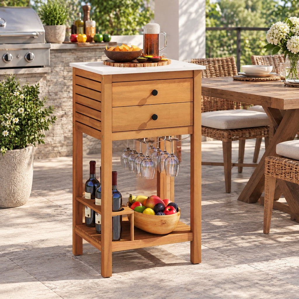 Airfind Patio Acacia Wood Storage Cabinet Patio Buffet Cabinet Bar Table with Faux Marble Countertop, 165 lbs Capacity, Acacia Wood Resin Frame