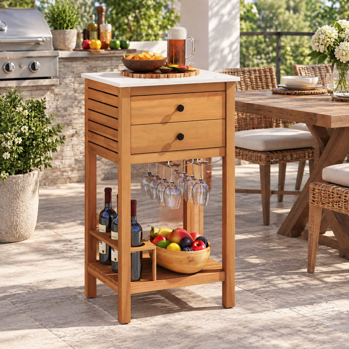 Airfind Patio Acacia Wood Storage Cabinet Patio Buffet Cabinet Bar Table with Faux Marble Countertop, 165 lbs Capacity, Acacia Wood Resin Frame