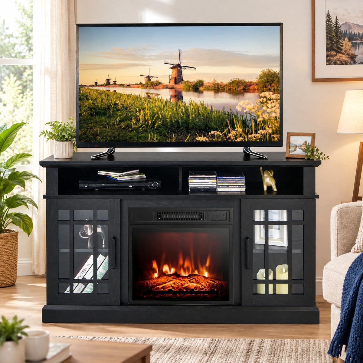 Airfind 48 Inch Electric Fireplace TV Stand with Cabinets for TVs up to 55 Inch, 70 Lbs Capacity, 48 Inch X 16 Inch X 30 Inch, Black