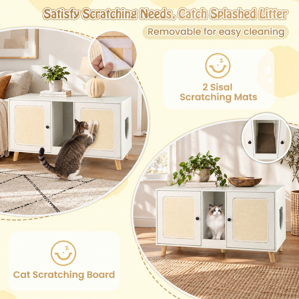 Airfind 43 Inches Cat Litter Box Enclosure with Double Rooms and 2 Sisal Scratching Mats, Engineered Board Frame, 43 x 20 x 24 Footprint, White