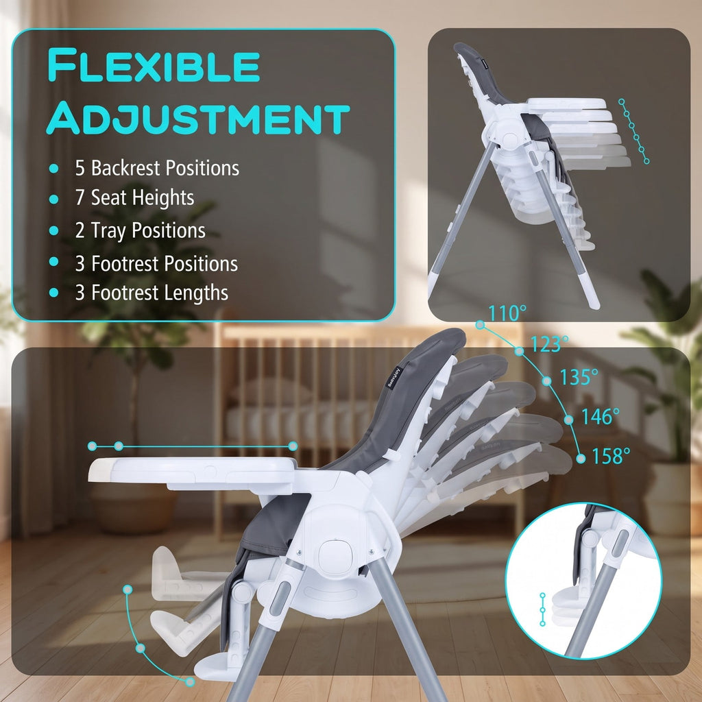 Airfind Foldable Baby High Chair with Adjustable Height and Relining Seat, 15 kg Capacity, Metal PP PU Frame, for 6-36 Months, Dark Gray