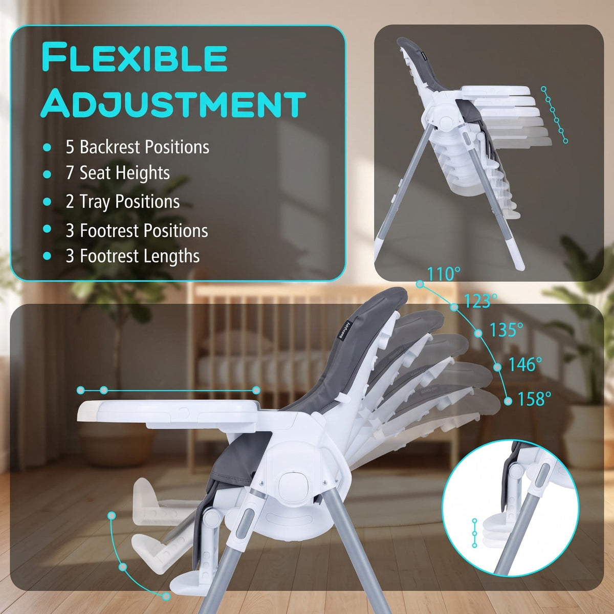 Airfind Foldable Baby High Chair with Adjustable Height and Relining Seat, 15 kg Capacity, Metal PP PU Frame, for 6-36 Months, Dark Gray