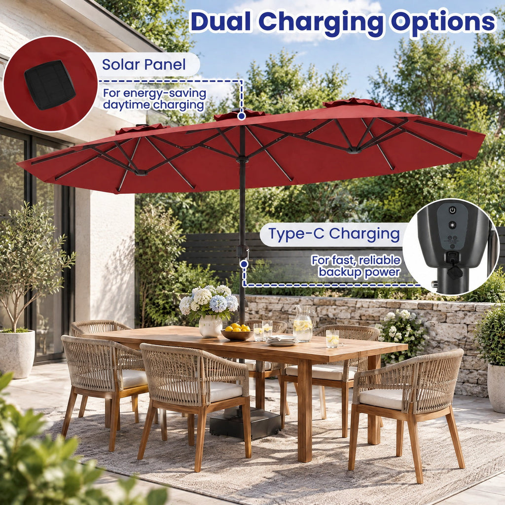 Airfind 13 FT Double-Sided Patio Umbrella with Color-Changing Flowing Solar LED Lights, Polyester Fabric Metal Frame, 13 x 7 ft Footprint, Red