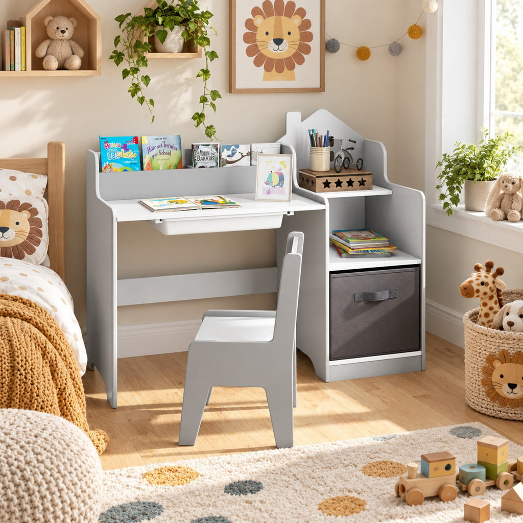 Airfind Kids Study Desk and Chair Set with Open Shelves Drawer and Fabric Storage Bin, 44 lbs Capacity, MDF Non-woven Fabric Desk Frame, Gray