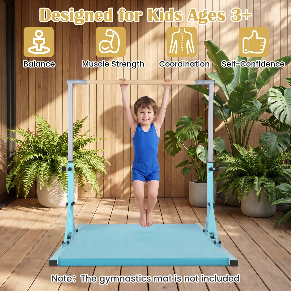 Airfind Foldable Gymnastics Bar for Kids with 3 Level Adjustable Height and Bamboo Grip Bar for Home Balance and Coordination Training, Green