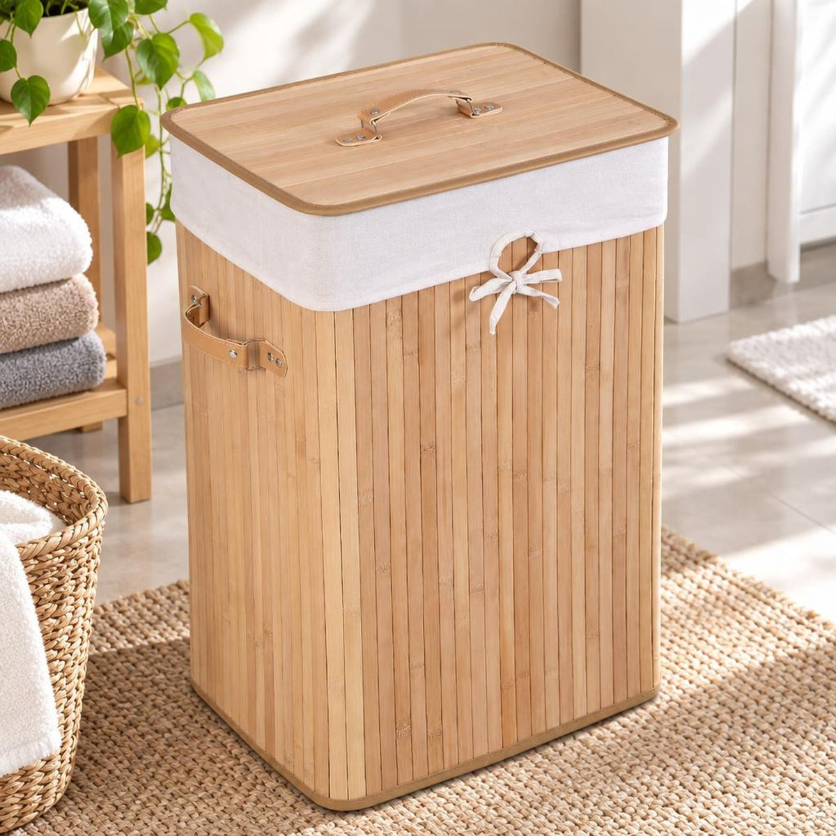 Airfind Rectangle Bamboo Hamper Laundry Basket Washing Cloth Bin Storage Bag Lid 3 color, Bamboo and polyester cotton Frame, Natural