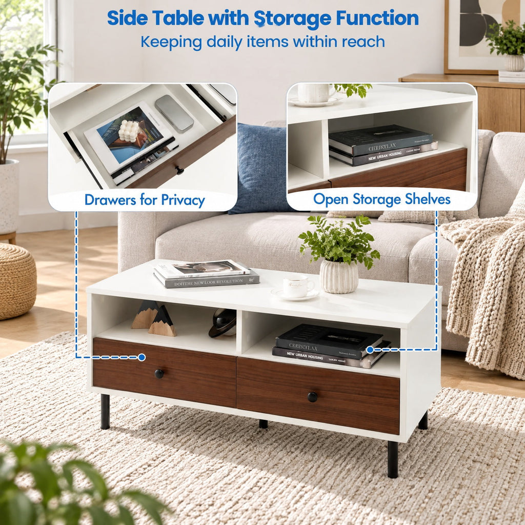 Airfind 2 Tier 40 Inch Length Modern Rectangle Coffee Table with Storage Shelf and Drawers, 200 lbs Capacity, Engineered Wood MDF Frame, White