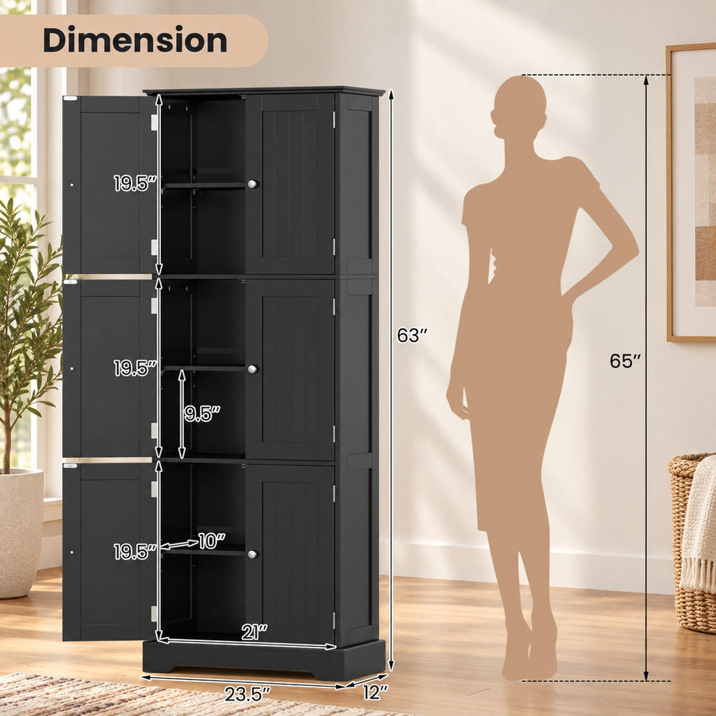 Airfind 63 Inch Tall Bathroom Storage Cabinet with 6 Doors and Adjustable Shelves, 44 lbs Capacity, Engineered Wood Frame, Black