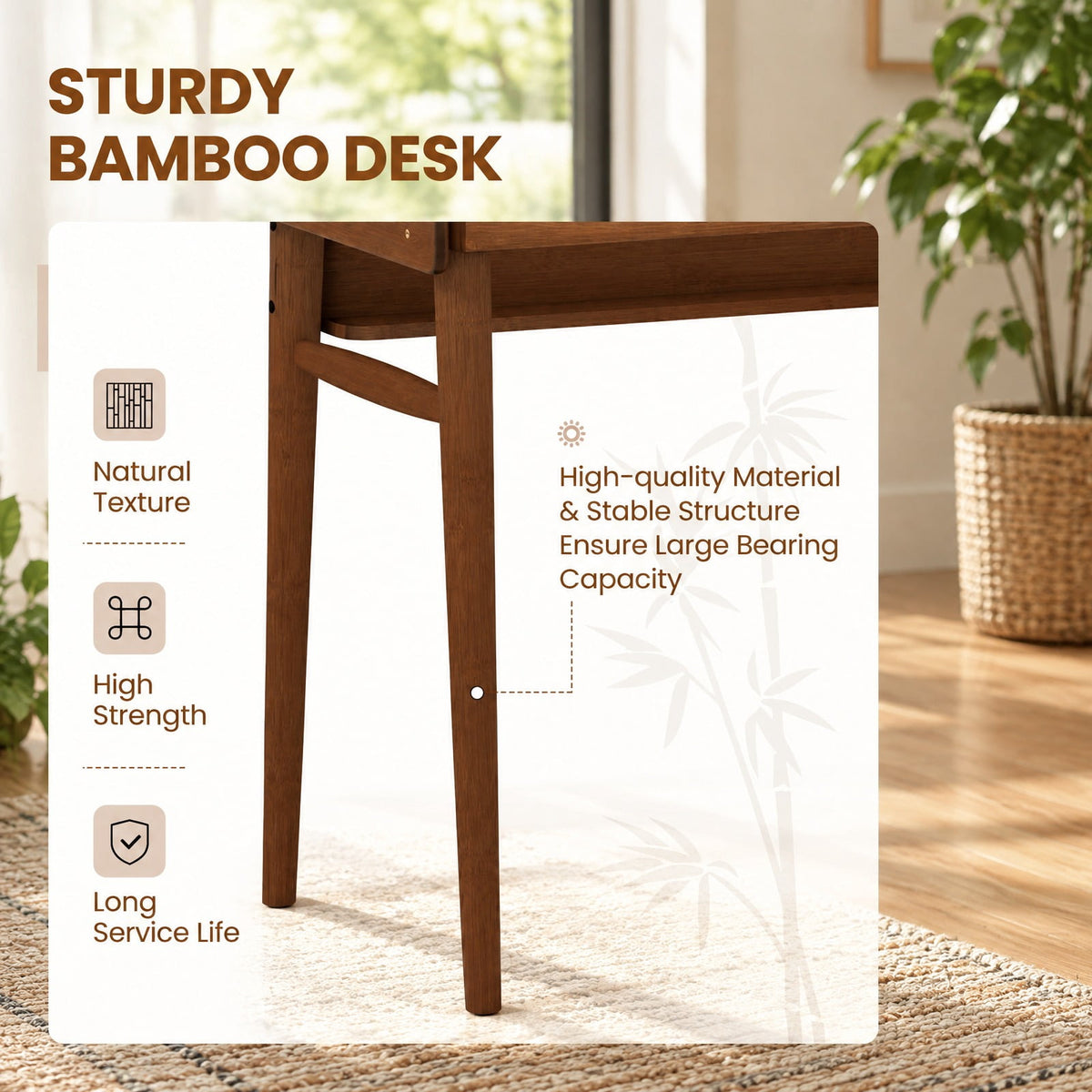 Airfind Bamboo Writing Desk with 2 Storage Drawers and Open Shelf, 110 lbs Capacity, Bamboo Frame, Walnut