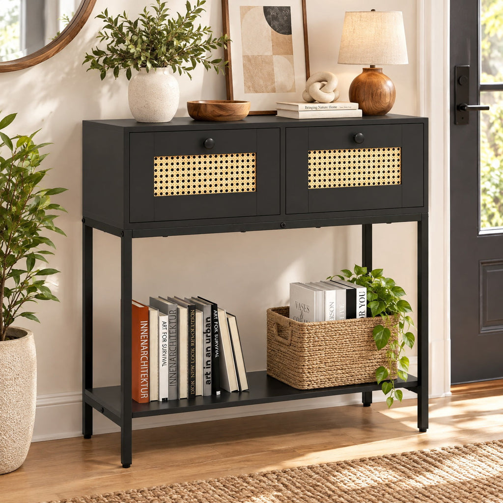Airfind Rattan Console Table Boho Entryway Table with 2 Rattan Drawers and Open Storage Shelf, 88 lbs Capacity, Black