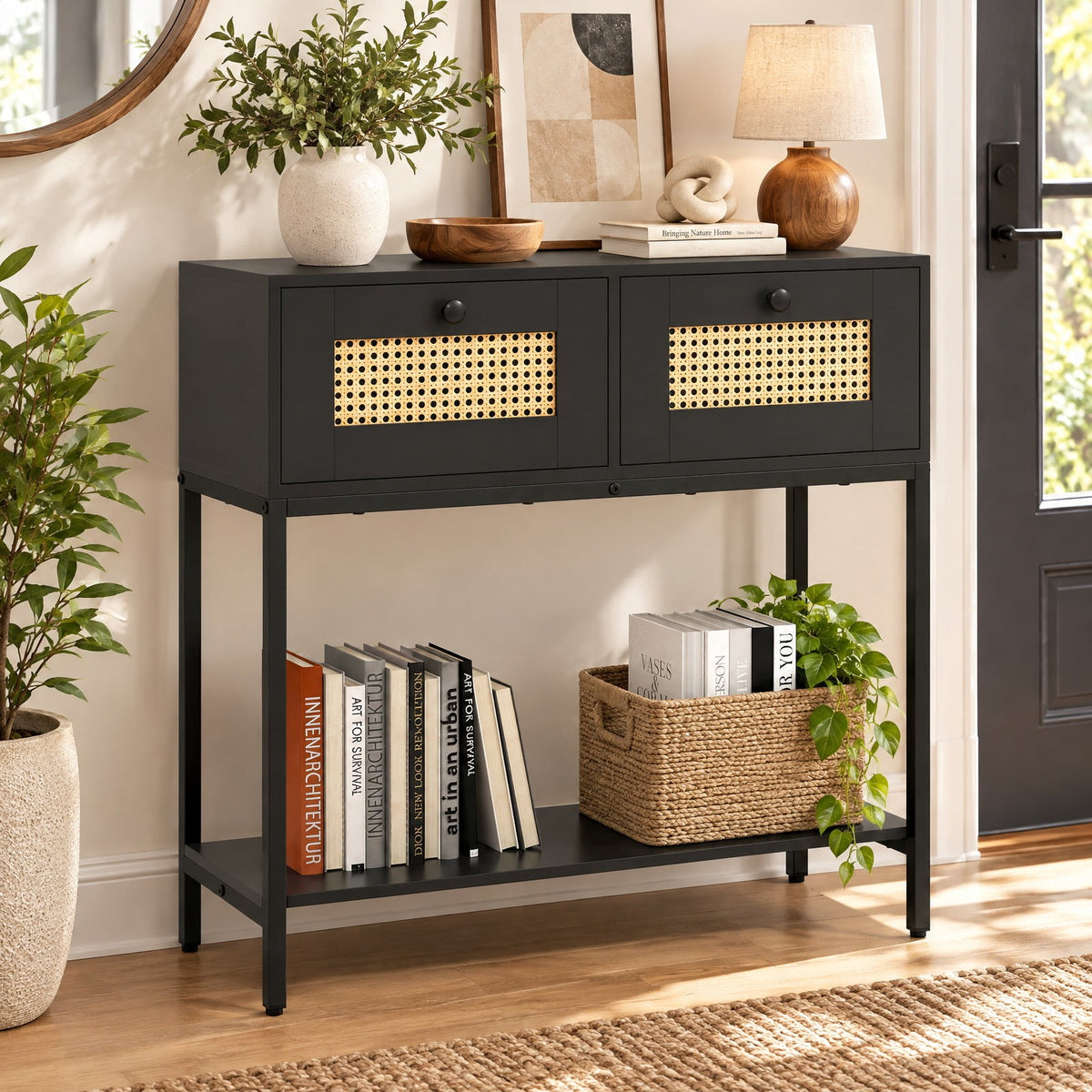 Airfind Rattan Console Table Boho Entryway Table with 2 Rattan Drawers and Open Storage Shelf, 88 lbs Capacity, Black