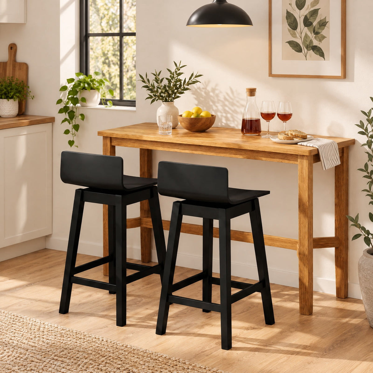 Airfind 24.5 Inch Swivel Wooden Bar Stools Set of 2 with Rubber Wood Legs and Low Back, 350 lbs Capacity, Rubber Wood Plywood Frame, Black