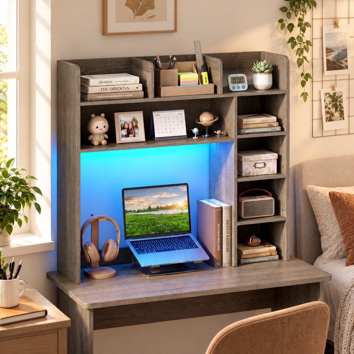 Airfind Desktop Bookshelf with LED Lights 35.5 inch Desk Hutch Storage Organizer, of Top Shelf 100 lbs Capacity, Engineered Wood Frame, Oak