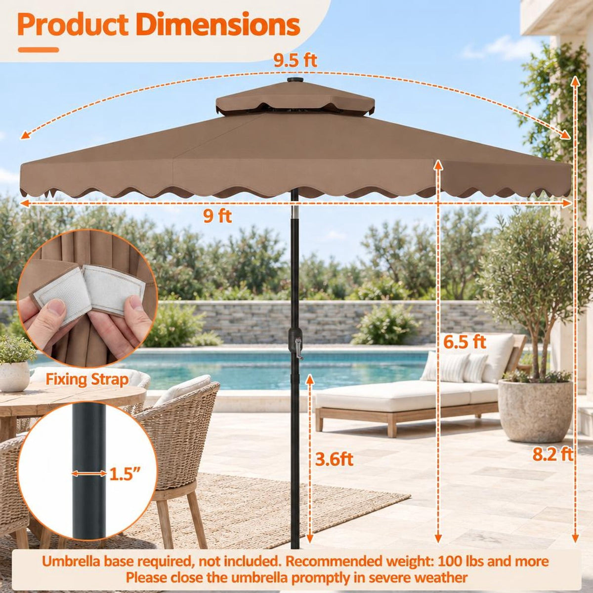 Airfind 9 FT Solar LED Patio Umbrella Push-Button Tilt and Crank 24 LED Lights and 8 Ribs, Polyester Fabric Metal Frame, 9 x 8.2 ft Footprint, Brown
