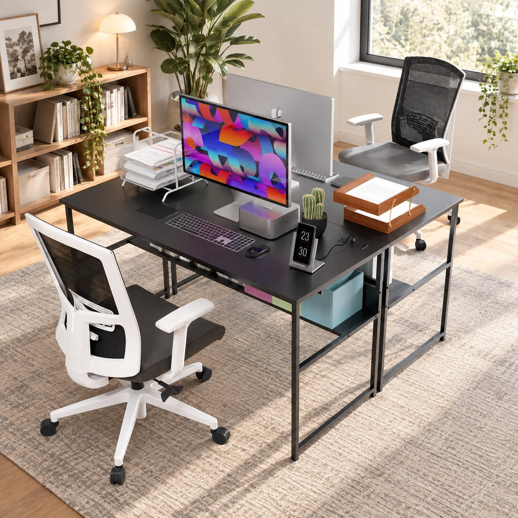 Airfind 55 x 24 inch Computer Desk with Power Outlets and USB Ports, 220 lbs Capacity, Engineered Wood Metal Frame, Black