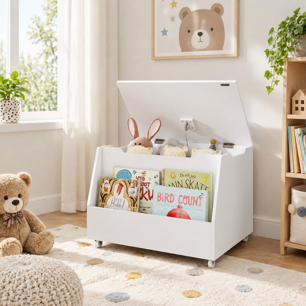 Airfind Wooden Mobile Toy Storage Organizer with Bookshelf and Lockable Wheels, 110 lbs Capacity, MDF PP Frame, 24in x 19in x 18in Footprint, White