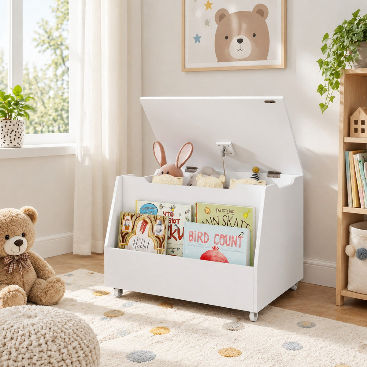 Airfind Wooden Mobile Toy Storage Organizer with Bookshelf and Lockable Wheels, 110 lbs Capacity, MDF PP Frame, 24in x 19in x 18in Footprint, White