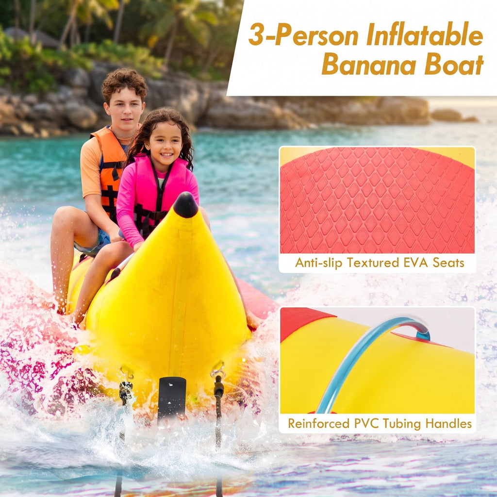 Airfind 3 Person Inflatable Banana Boat with Electric Air Pump Carrying Bag and Repair Kit for Lake and Sea Towing, Red and Yellow