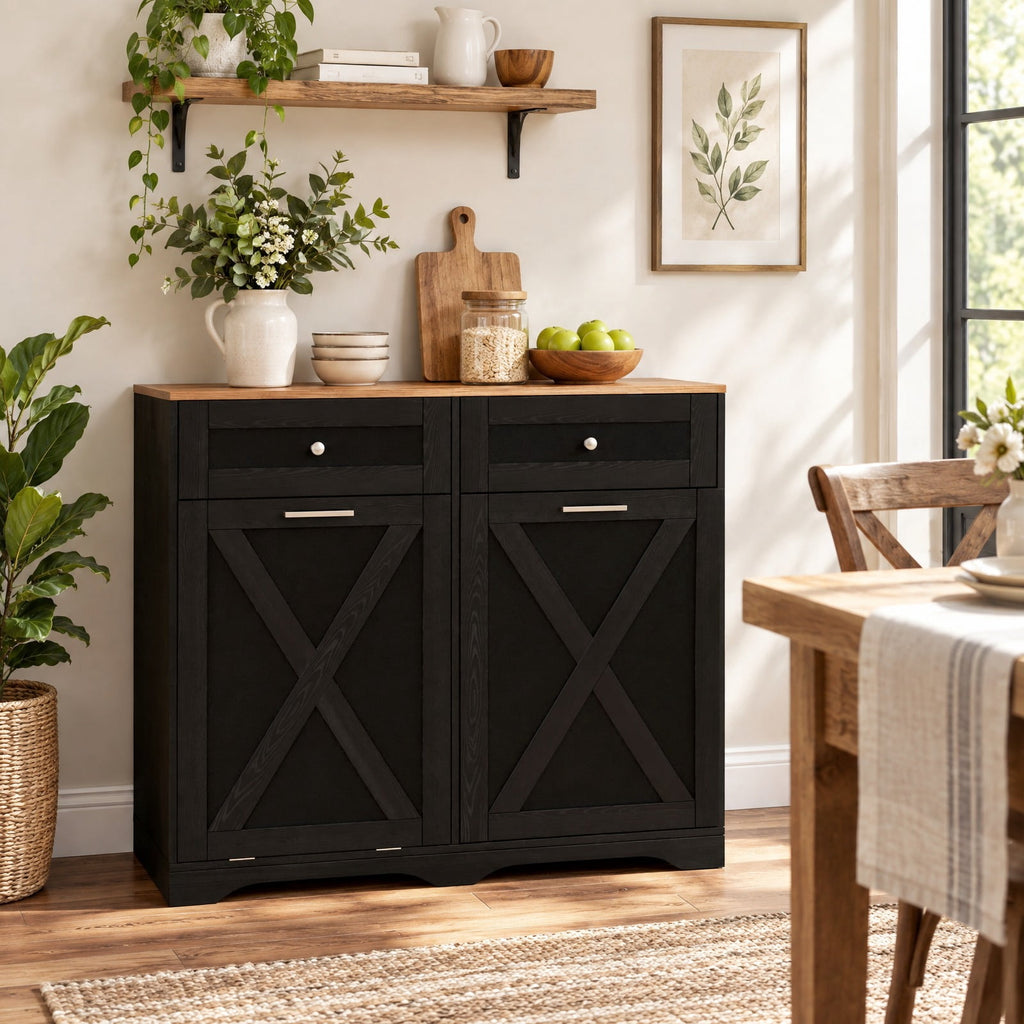 Airfind Tilt Out Trash Can Cabinet with Outlets and Adjustable Shelf, 100 Lbs Capacity, MDF Engineered Wood for Convenient Everyday Use, Black