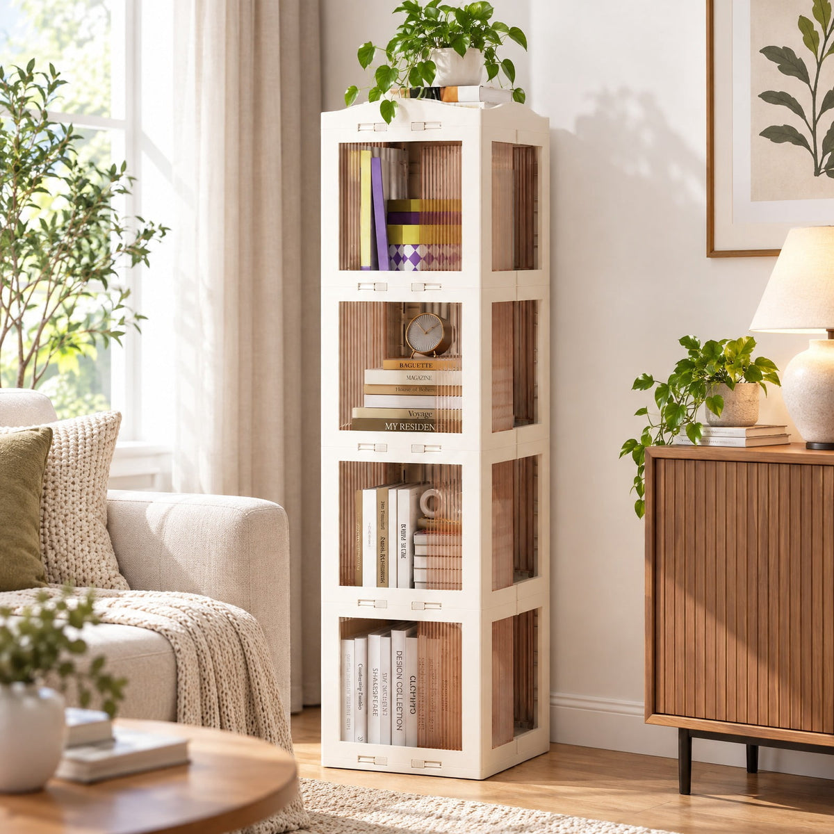 Airfind Bookshelf, 4-Tier Foldable Rotating, with Swivel Base and Translucent Panels, 22 lbs Capacity, PP ABS Frame, 14.5 Inch x 14 Inch x 56 Inch, White