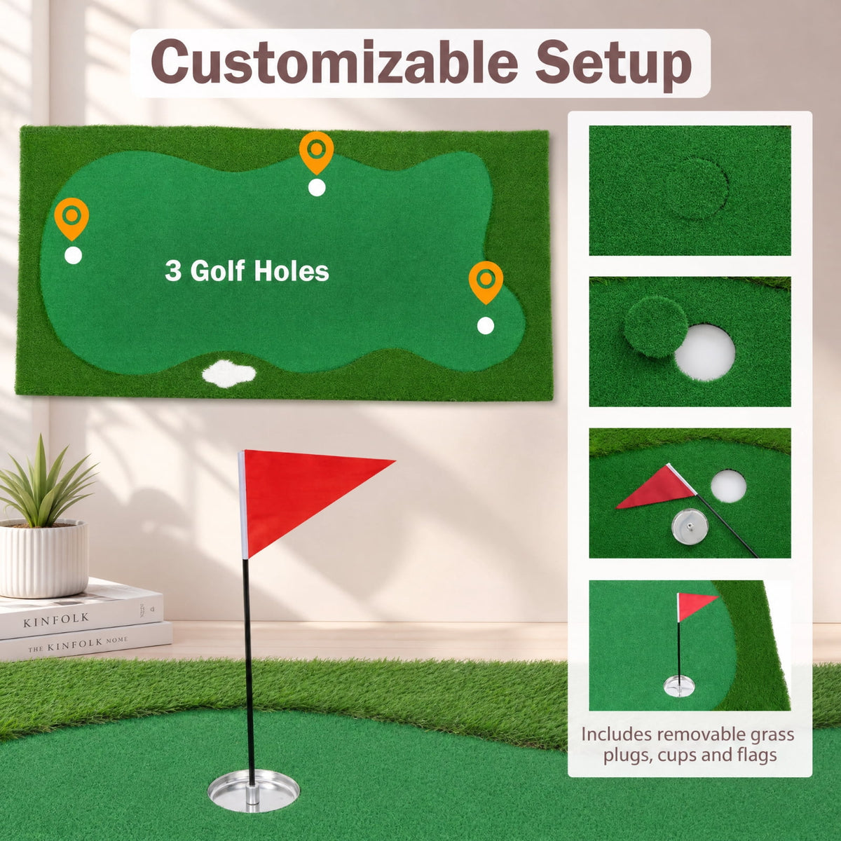 Airfind 10 x 5 FT Large Golf Putting Green with Realistic Artificial Grass Turf, Backyard Putting Green Mat with 3 Holes for Indoor Outdoor