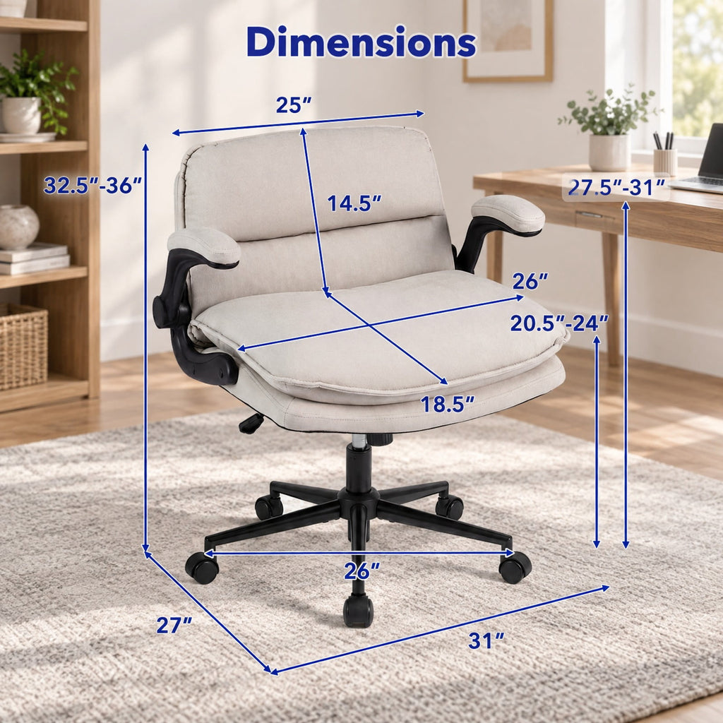 Airfind Criss Cross Chair on Wheels with Flip-up Arms Adjustable Height, 330 lbs Capacity, Faux Leather Metal Sponge PU Nylon Frame, Beige