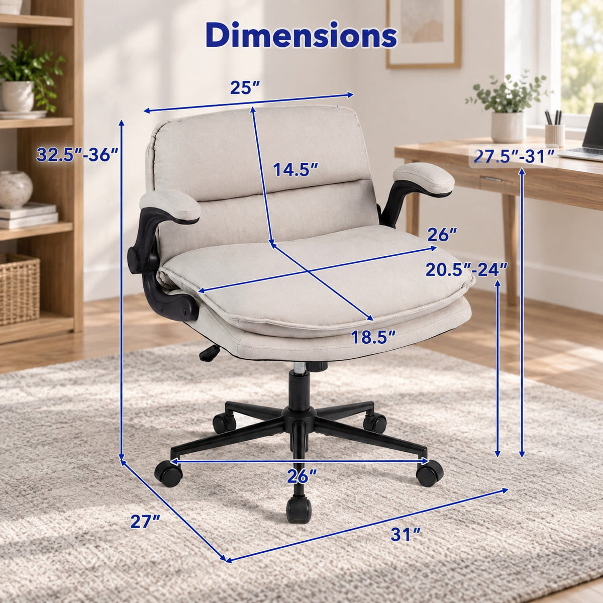 Airfind Criss Cross Chair on Wheels with Flip-up Arms Adjustable Height, 330 lbs Capacity, Faux Leather Metal Sponge PU Nylon Frame, Beige