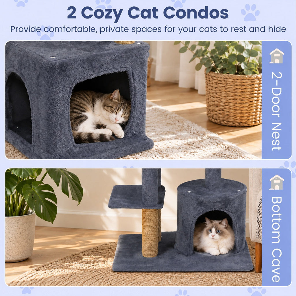 Airfind 64 Inch Tall Cat Tree with 2 Large Condos and Jute Scratching Posts for Indoor Adult Cats, 33 lbs Capacity, Dark Grey