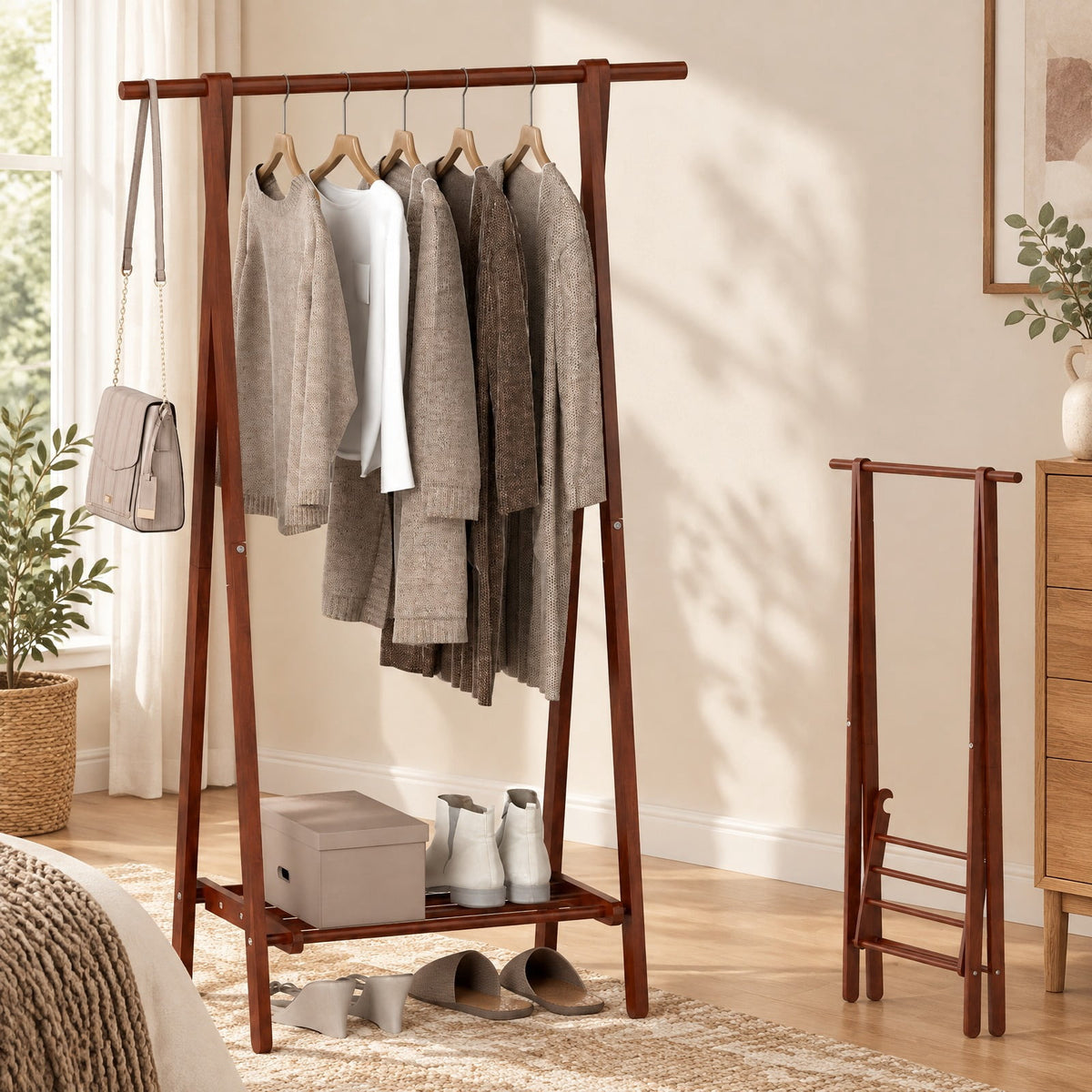 Airfind Folding Rubber Wood Clothes Hanging Rack Standing Garment Rack with Bottom Storage Shelf, 33 lbs Capacity, Rubber Wood Unfolding Frame