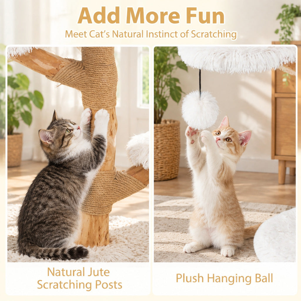 Airfind Cat Tree Solid Pear Wood with Perch and Natural Jute Scratching Posts, 22 lbs Capacity, Pear Wood Jute Long Plush Fabric Frame, White