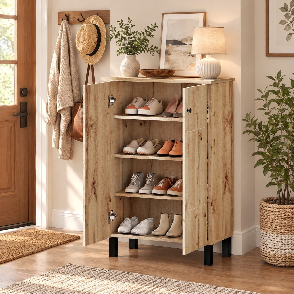 Airfind 4-Tier Shoe Organizer with Removable Shelves and 2 Doors, 88 lbs Capacity, MDF Engineered Wood Frame, 24 Inch x 13.5 Inch x 36 Inch Footprint, Natural