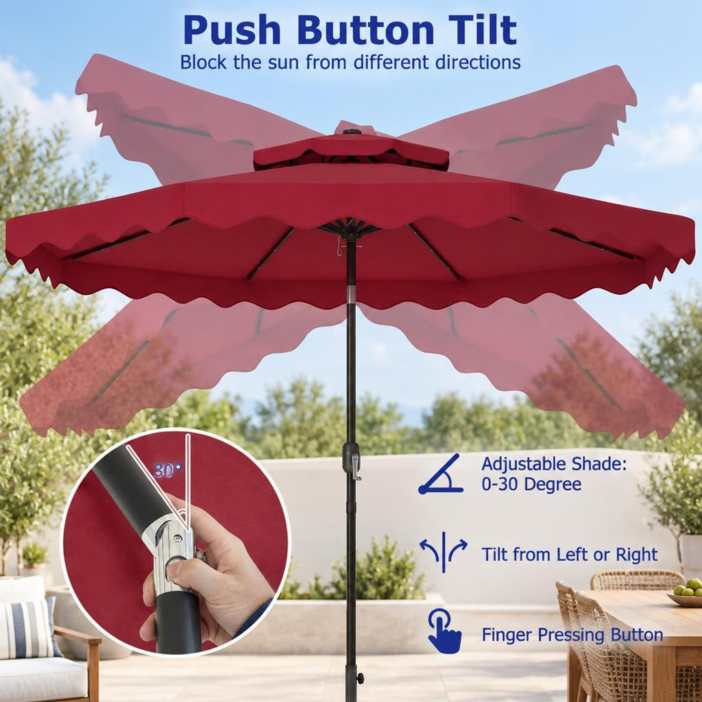 Airfind 9 FT Solar LED Patio Umbrella Push-Button Tilt and Crank 24 LED Lights and 8 Ribs, Polyester Fabric Metal Frame, 9 x 8.2 ft Footprint, Red