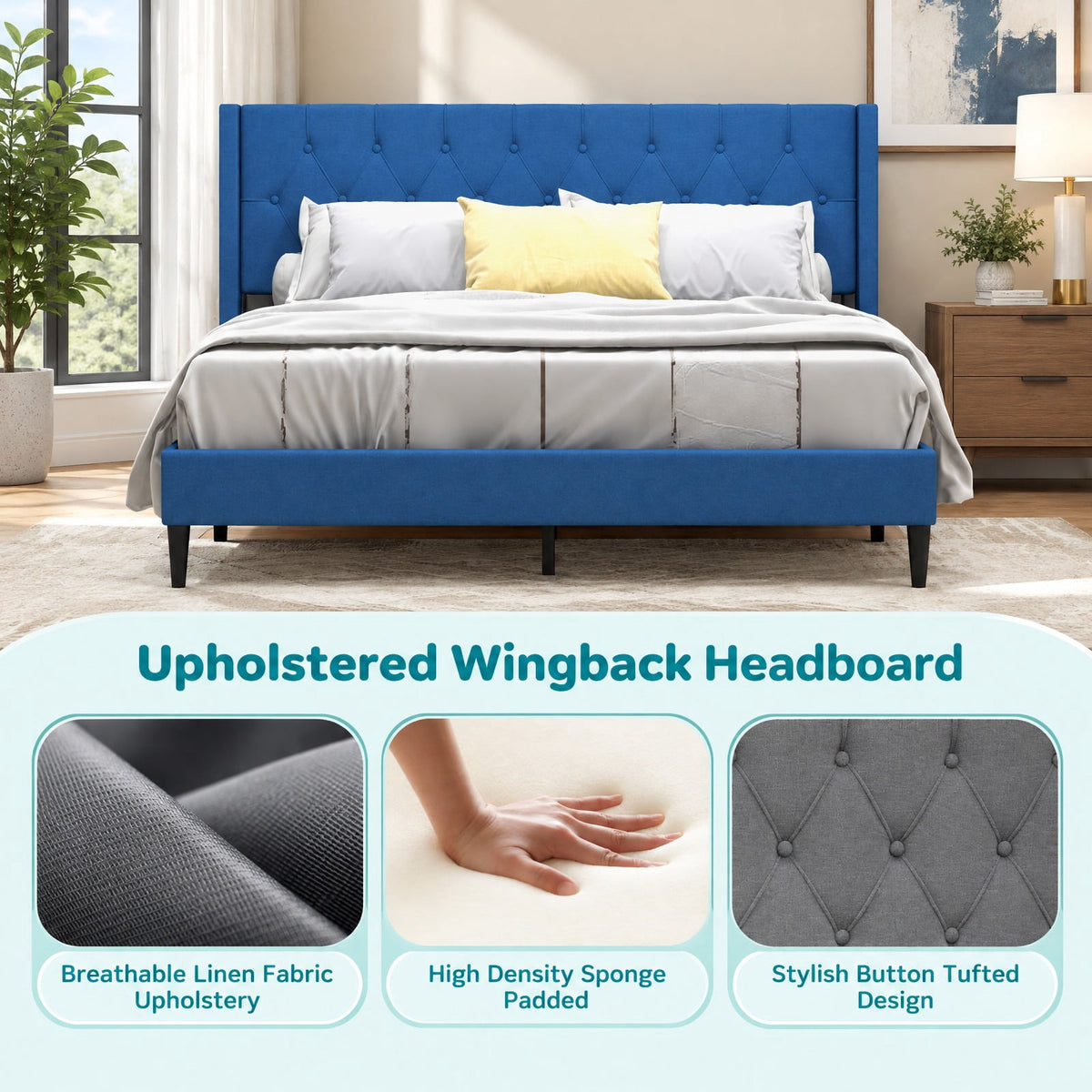 Airfind Queen Size Upholstered Platform Bed with Button Tufted Wingback Headboard, 550 lbs Capacity, Blue