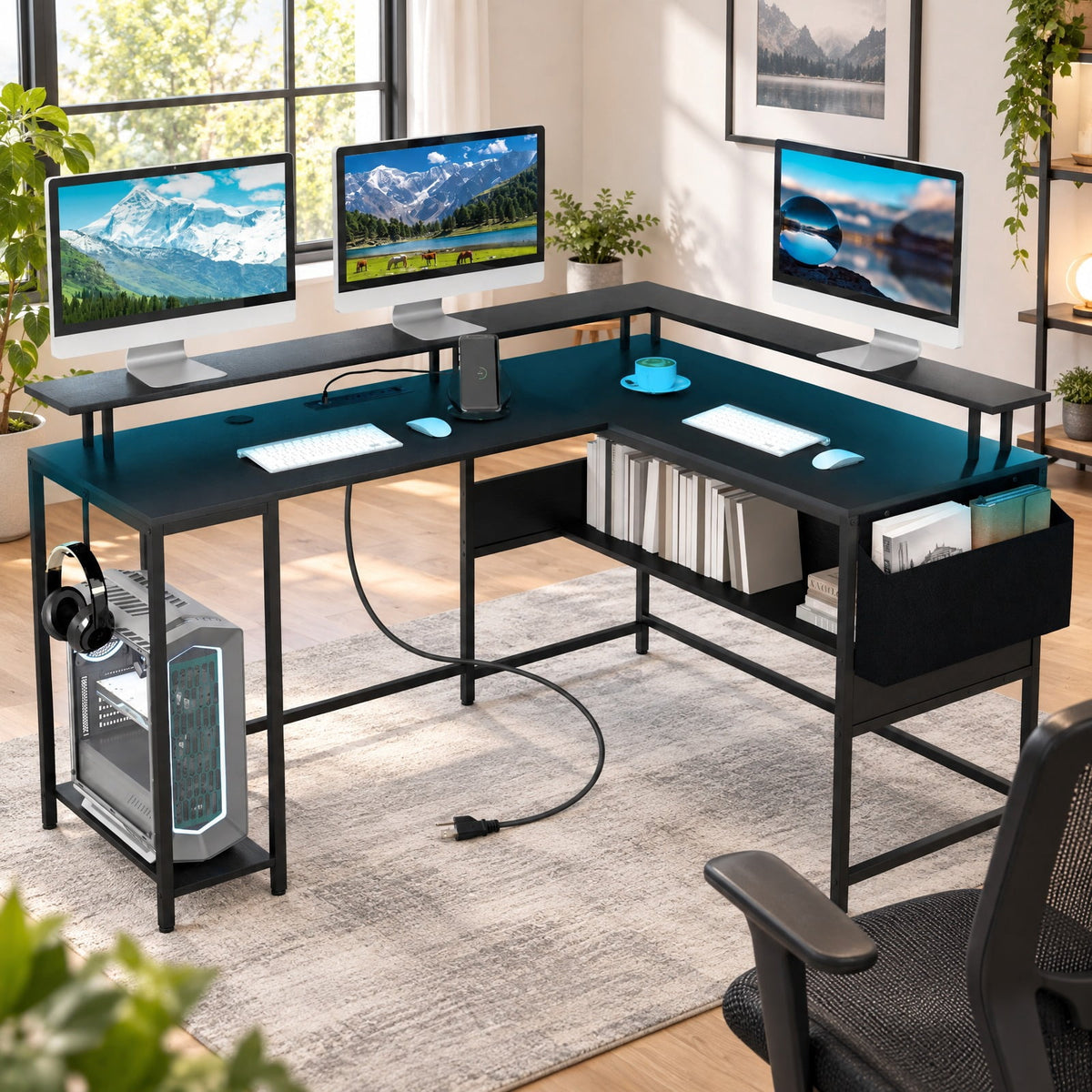 Airfind L-Shaped Gaming Desk with LED Lights and Power Outlets Home Office Computer Desk, 200 lbs Capacity, Engineered Wood Metal Frame, Brown