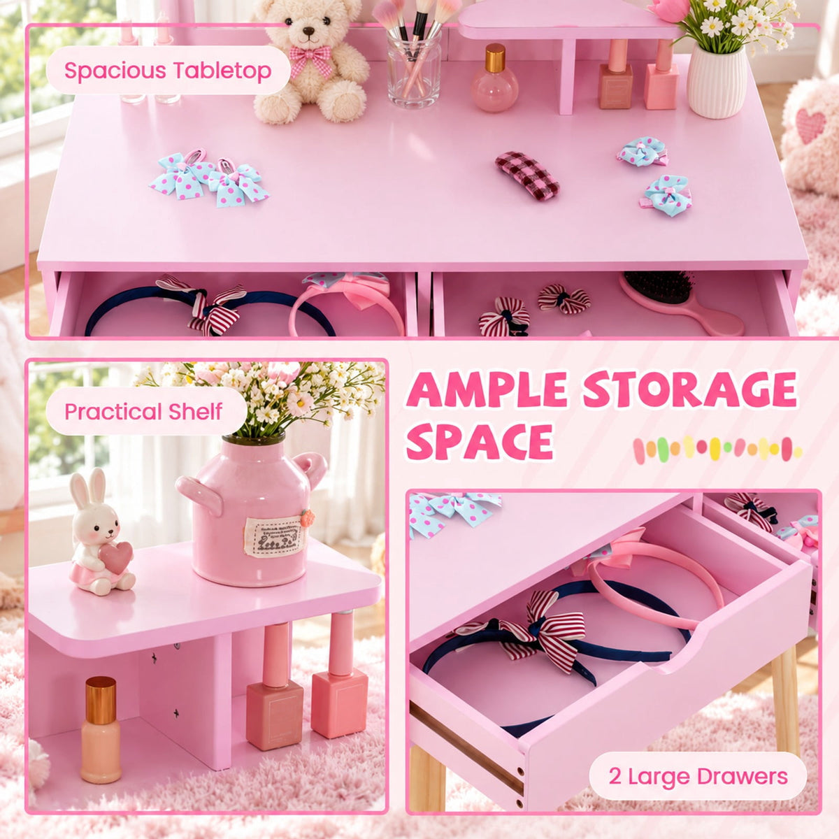 Airfind Kid Vanity Table Chair Set with Mirror and 2 Large Storage Drawers, 44 lbs Capacity, Pine wood MDF Frame, 28in x 13in x 39in Footprint, Pink