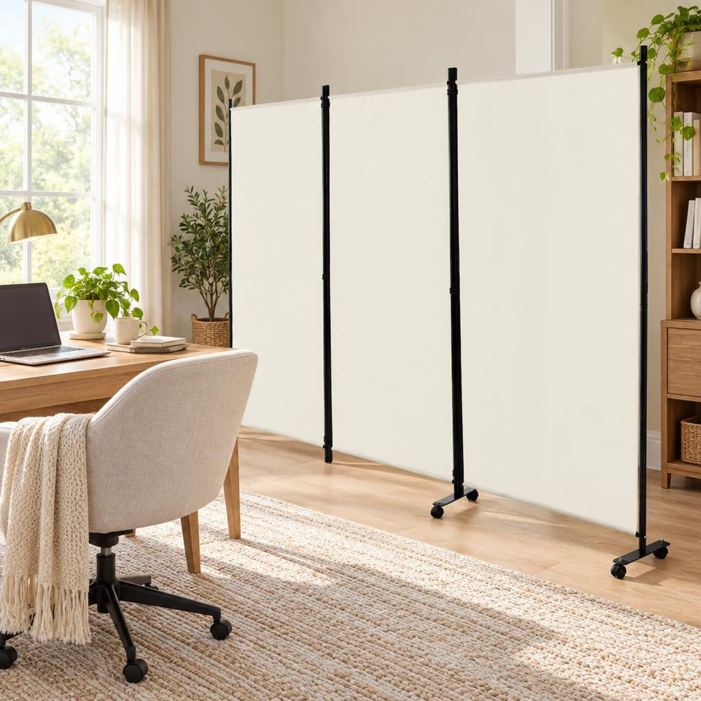 Airfind 3 Panel Folding Room Divider with Lockable Wheels, Metal Polyester Fabric Tiled Frame, 103 x 12 x 71 Footprint, White