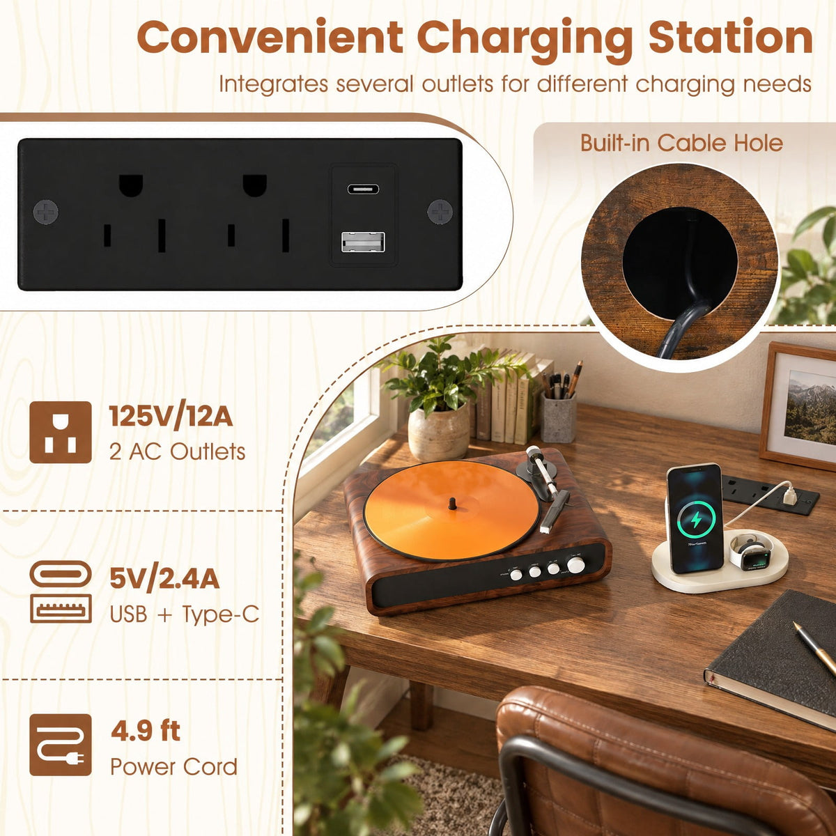 Airfind Large Record Player Stand with Charging Station Mid Century Modern Vinyl Storage Cabinet, 209 lbs Capacity, 30in x 14in x 27in Inside Footprint