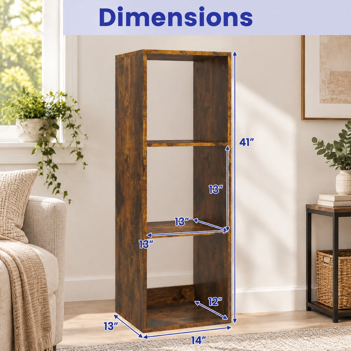 Airfind 3 Cube Bookshelf with Back Guardrail for Living Room Bedroom, Engineered Wood Frame, 14 Inch x 13 Inch x 41 Inch Depth of Bottom Shelf 12 Inch Footprint