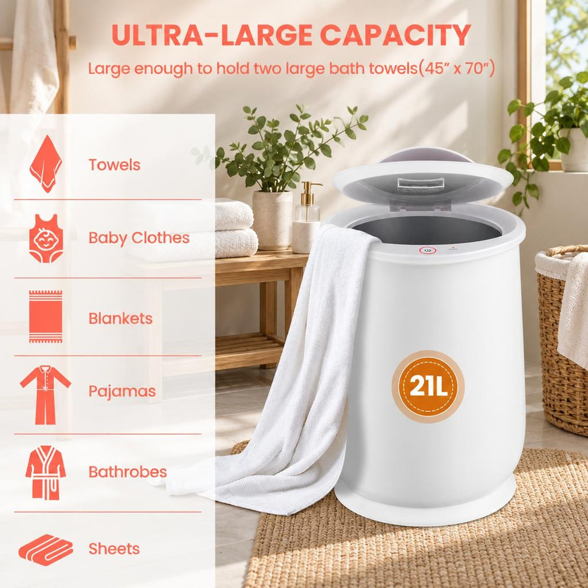 Airfind 20L Bathroom Towel Warmer with Auto Shut, Plastic Frame, 13in x 13in x 18.5in Footprint, White, Easy to use with one-button control design